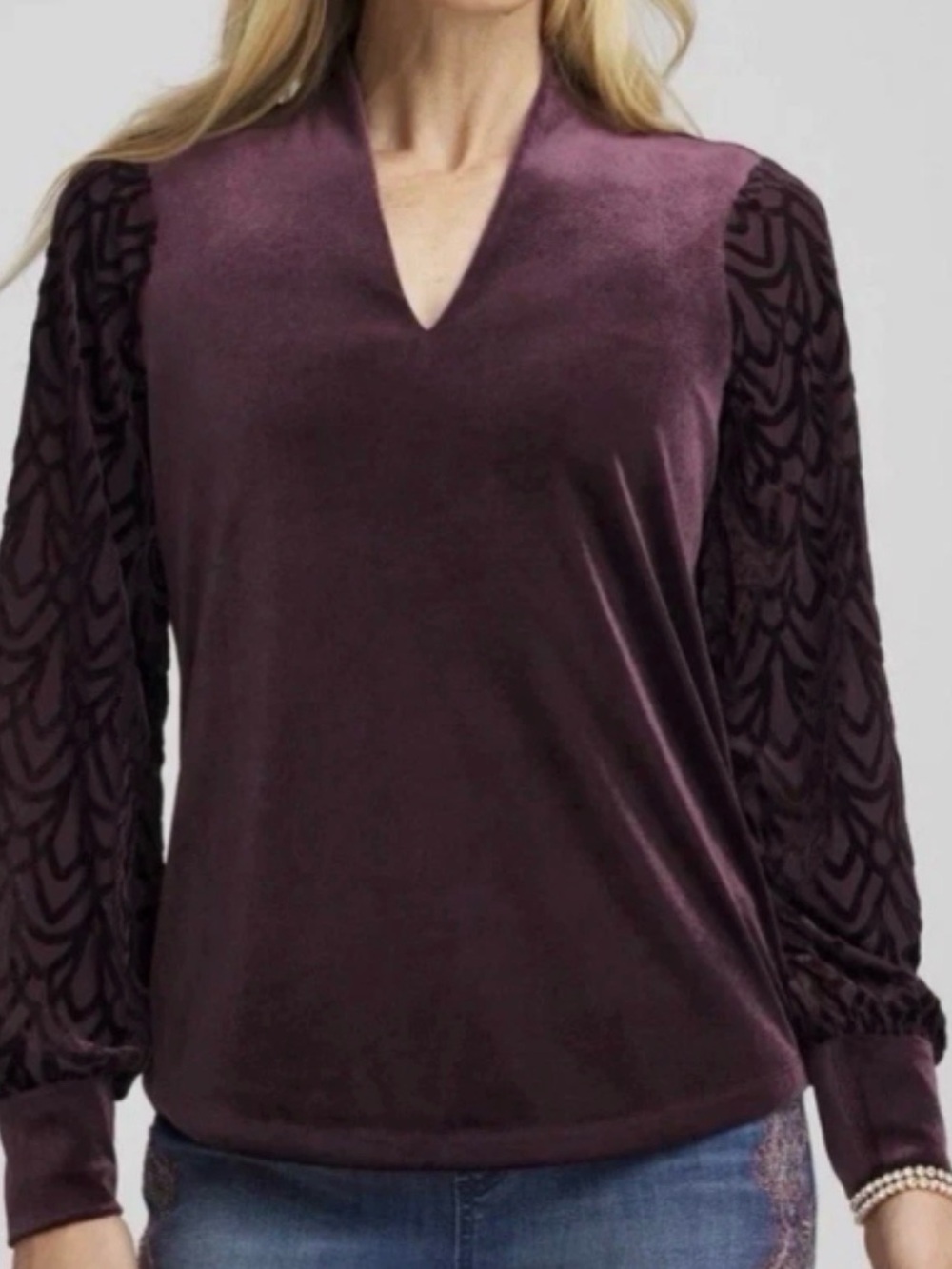 Chico's Plum Velvet V‑Neck Blouse with Textured Puff Sleeves